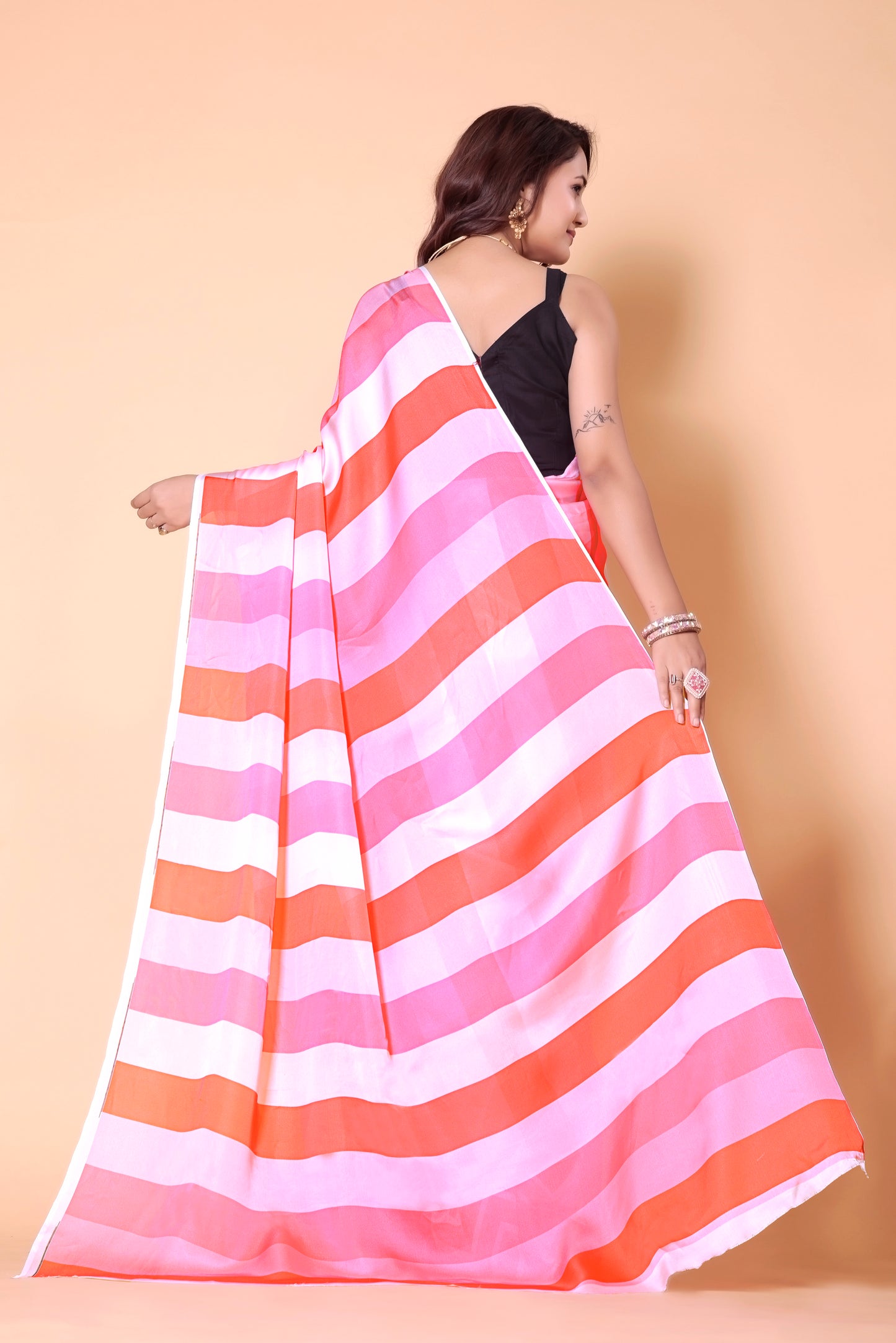 Stipe Printed Crepe Silk Saree - Pink