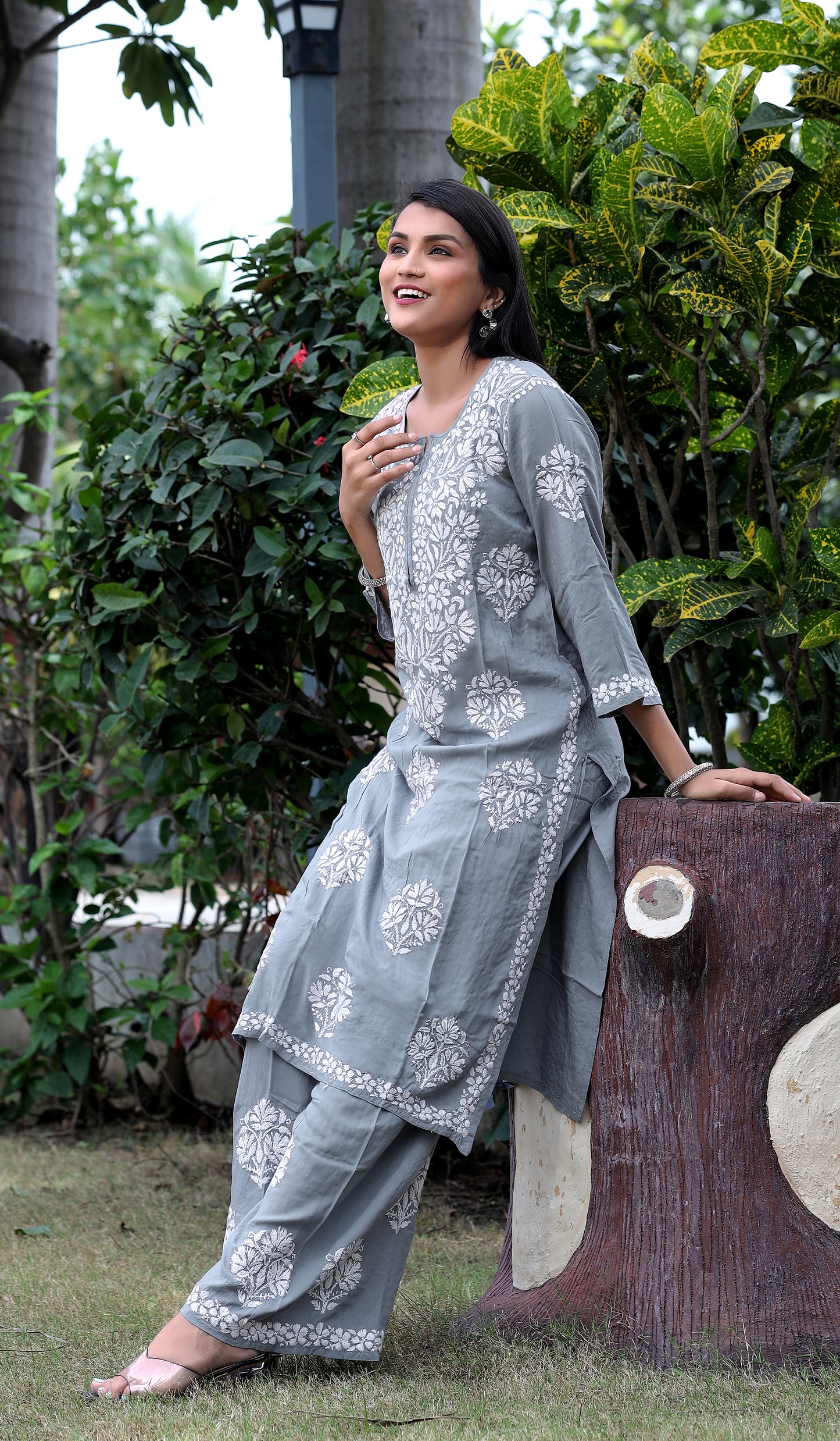 Grey Chikankari Modal Straight Kurta Set - AbirabyBeena