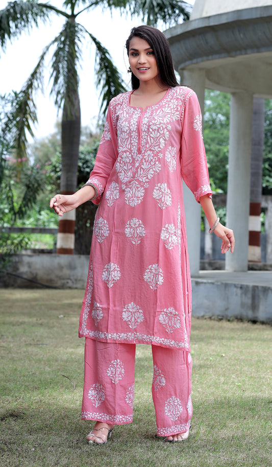 Peach Chikankari Modal Straight Kurta Set - AbirabyBeena