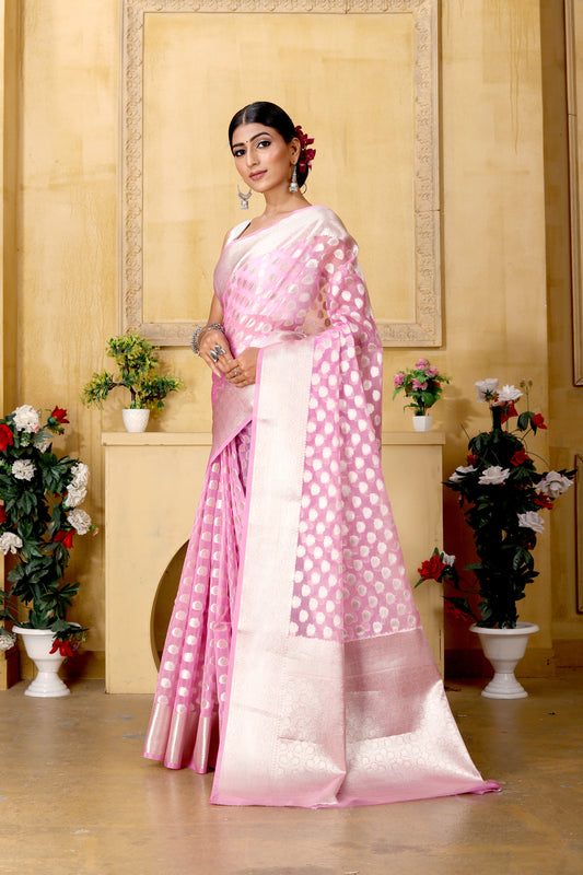 Light Pink Banaras Kora Organza silk - AbirabyBeena