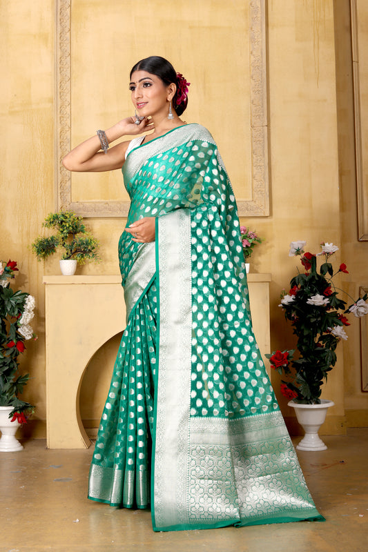 Sea Green Banaras Kora Organza silk - AbirabyBeena