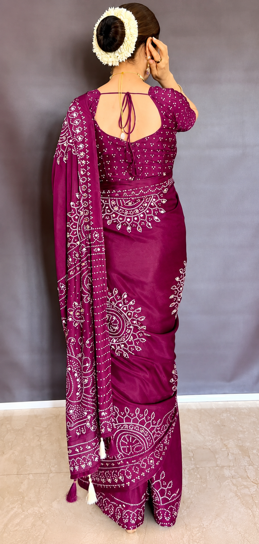 Magenta Mirror Work Art Silk Printed Saree