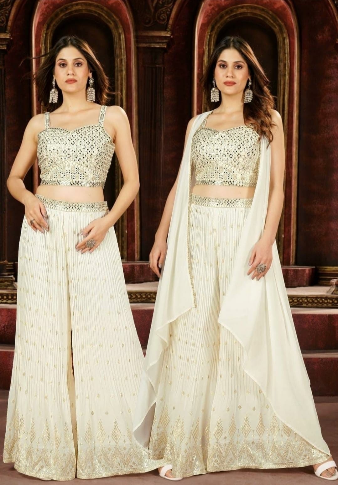 Pristine Elegance: Exquisite Embroidered White Sharara Suit Set for Women | AbirabyBeena Pristine Elegance: Exquisite Embroidered White Sharara Suit Set for Women | AbirabyBeena