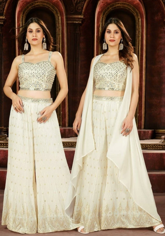 Pristine Elegance: Exquisite Embroidered White Sharara Suit Set for Women