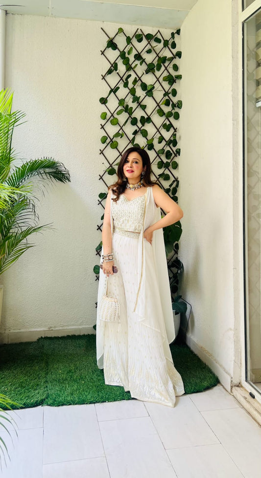 Pristine Elegance: Exquisite Embroidered White Sharara Suit Set for Women