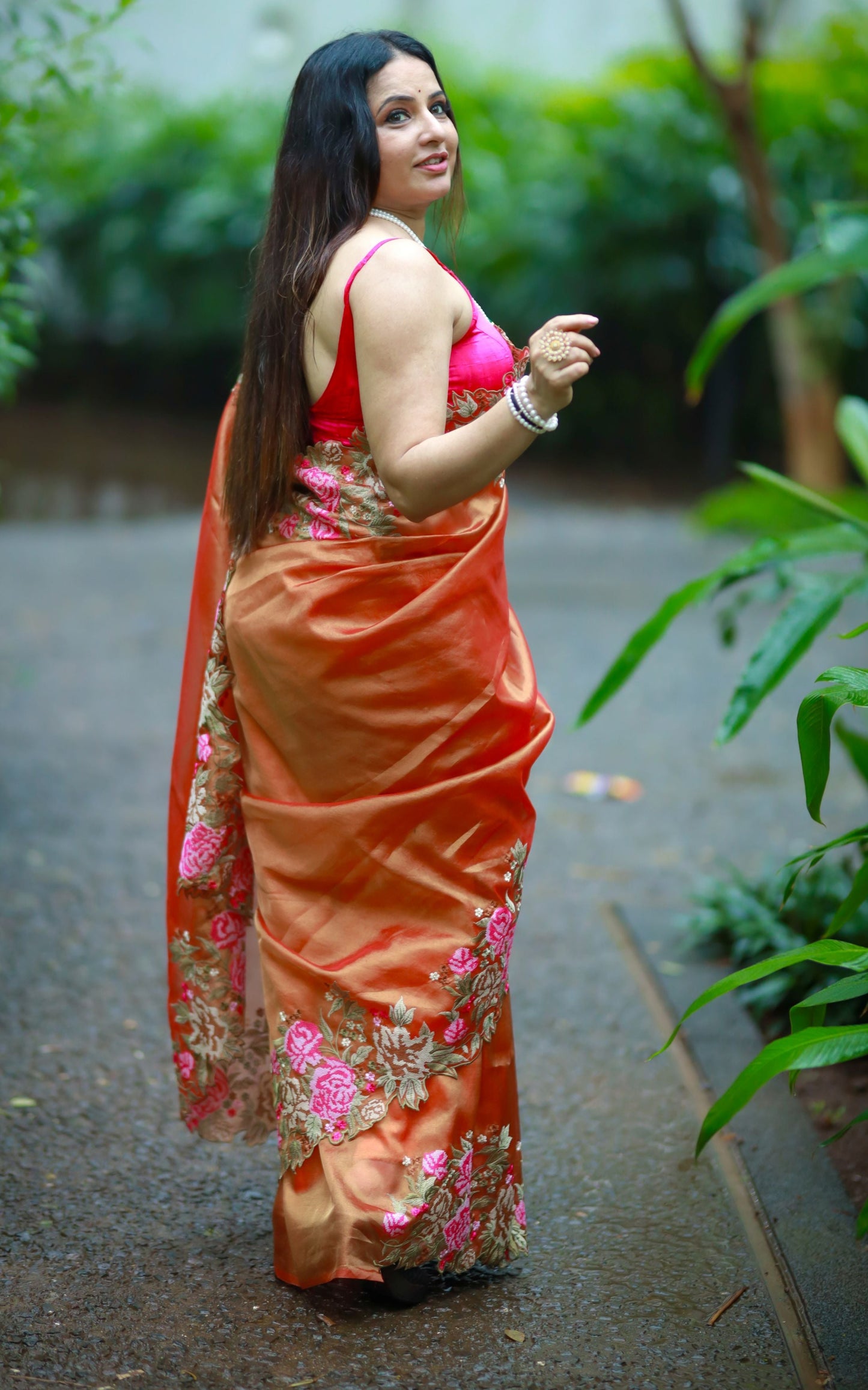 Embroidered cutwork tissue silk saree - Orange