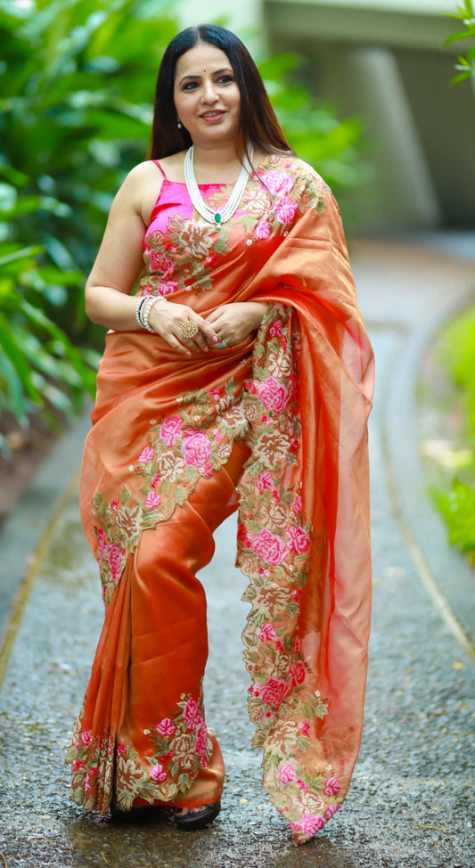Embroidered cutwork tissue silk saree - Orange