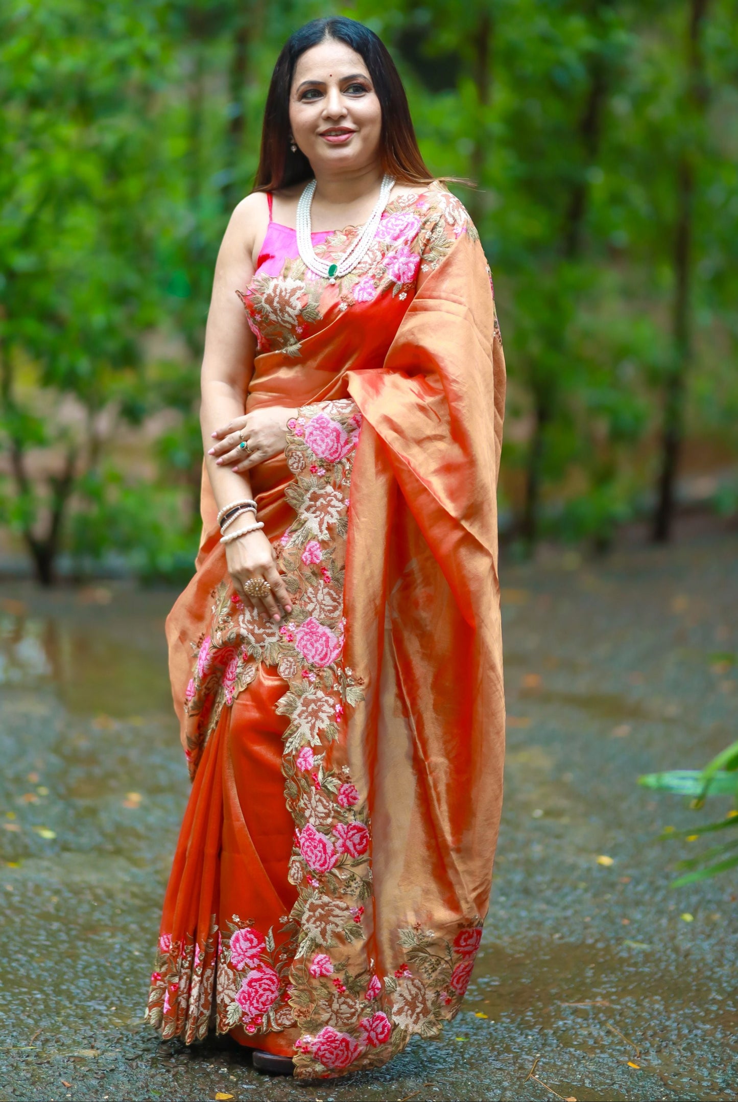 Embroidered cutwork tissue silk saree - Orange