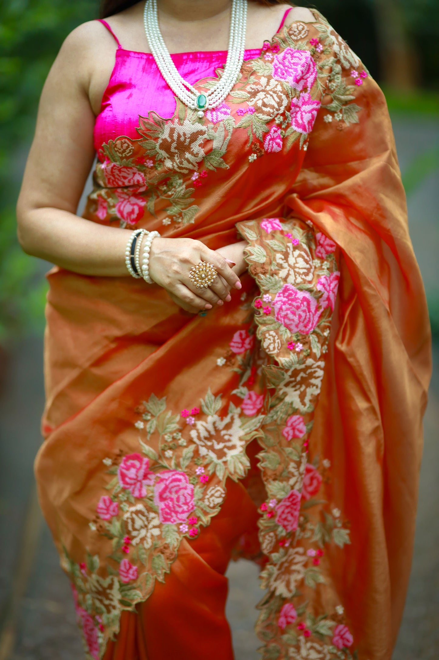 Embroidered cutwork tissue silk saree - Orange