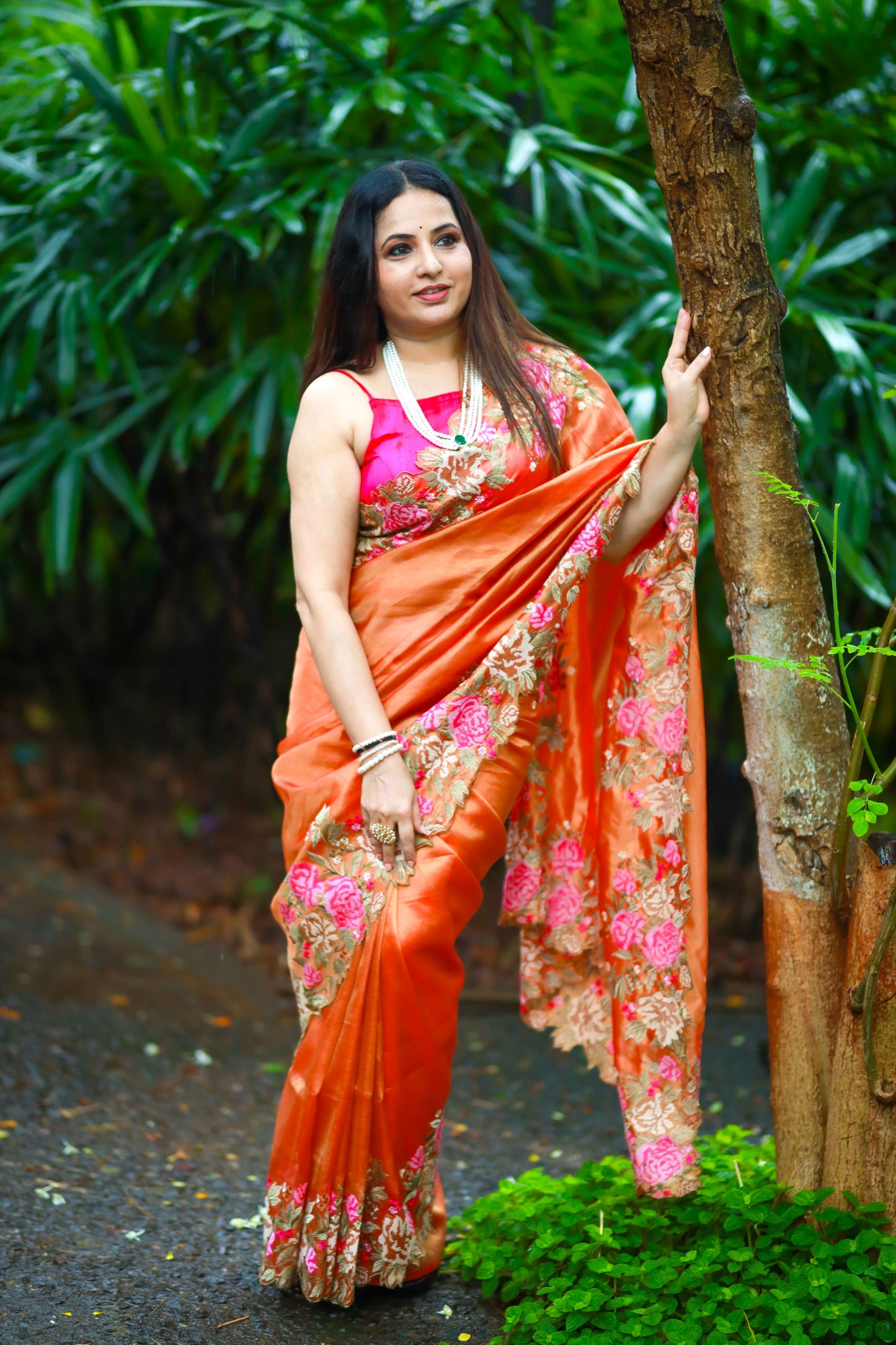Embroidered cutwork tissue silk saree - Orange