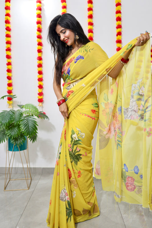 Printed Chiffon Saree - lemon yellow