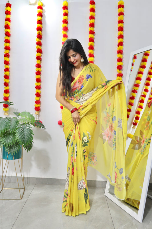 Printed Chiffon Saree - lemon yellow