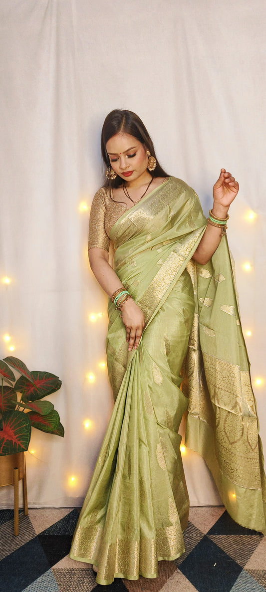 Pastel Parrot Green Banaras warm silk