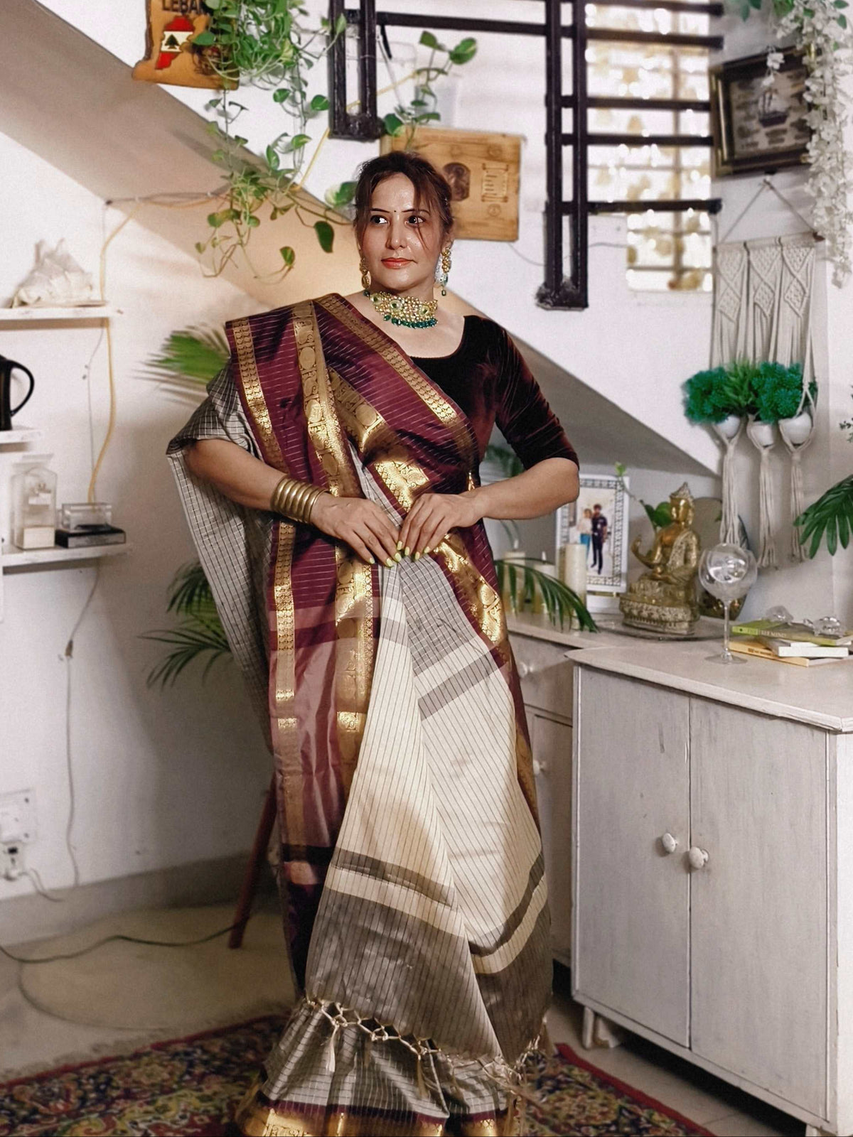 Checks Grey Soft Silk Saree with Maroon Border