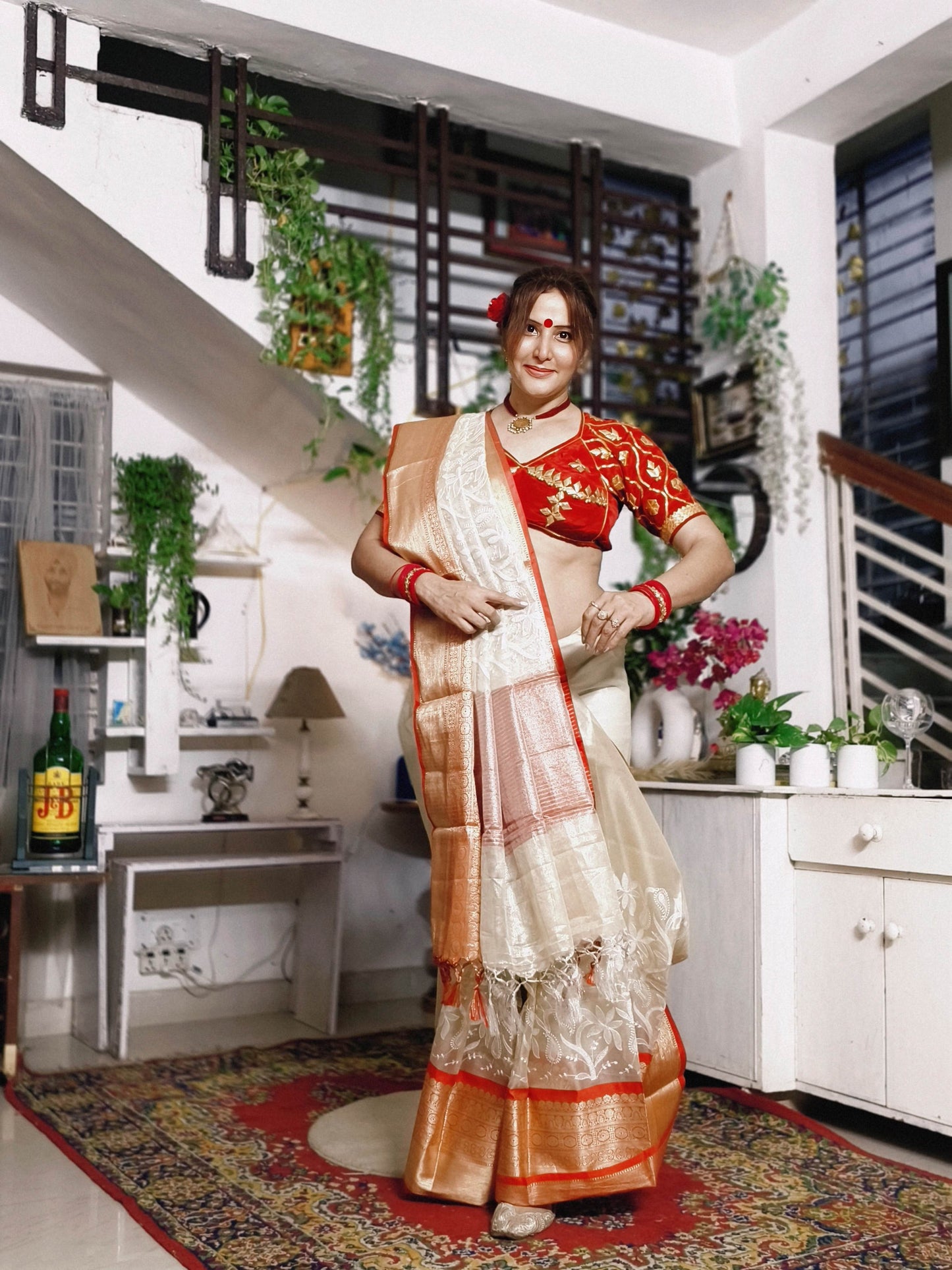 Ivory Embroidered Tissue Silk Saree - Red Border