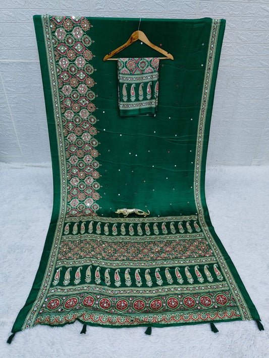 Bottle Green Broad Border Ajrakh Print & Mirror Work