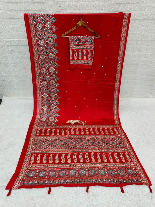 Red Broad Border Ajrakh Print & Mirror Work
