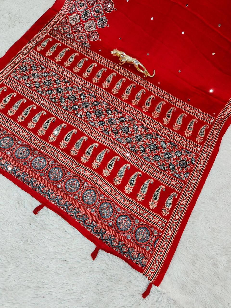 Red Broad Border Ajrakh Print & Mirror Work