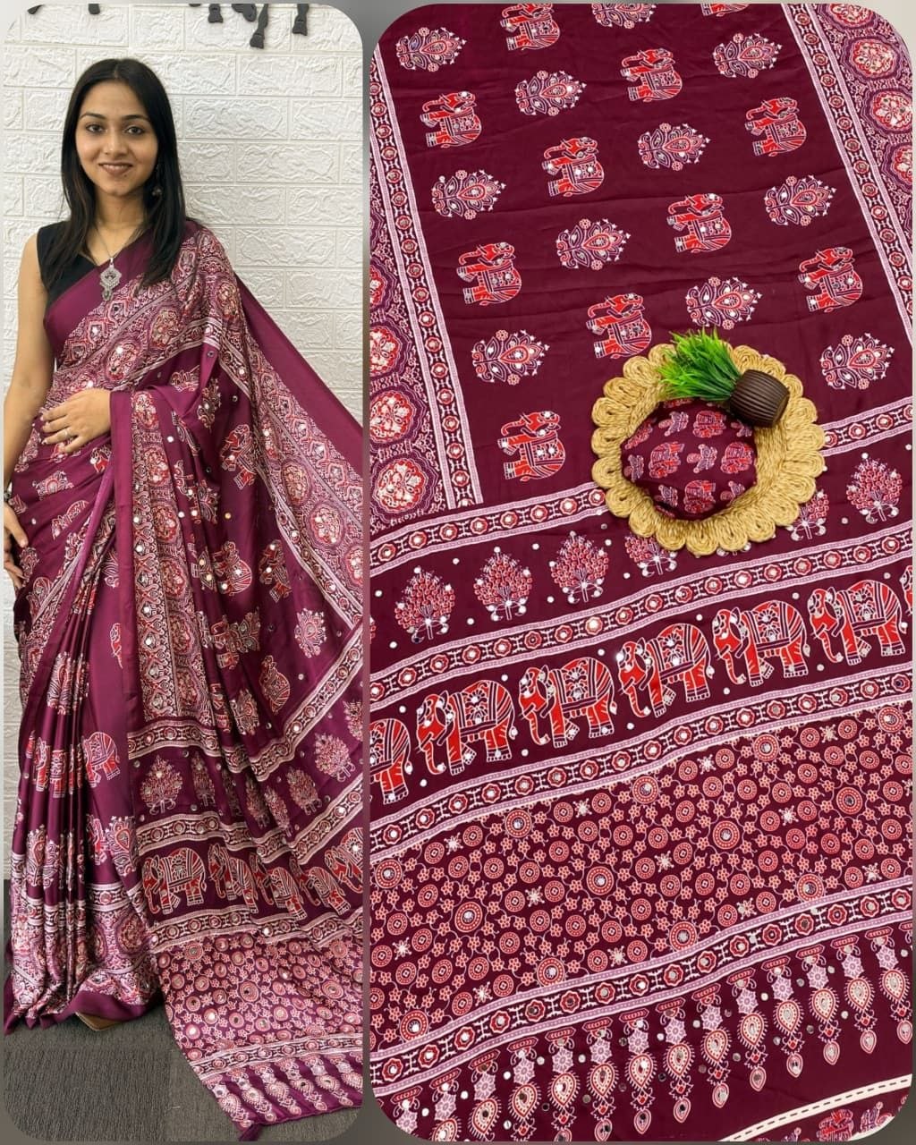 Wine Ajrakh Elephant Print Saree with Real Mirror Work