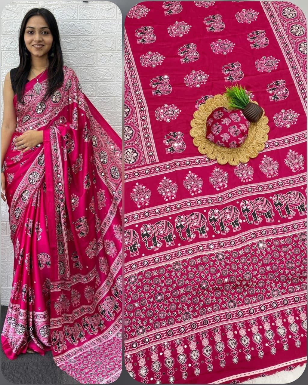 Rani Pink Ajrakh Elephant Print Saree with Real Mirror Work