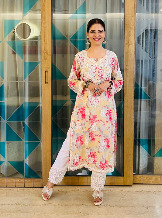 Red Chikankari Rayon Straight Kurta