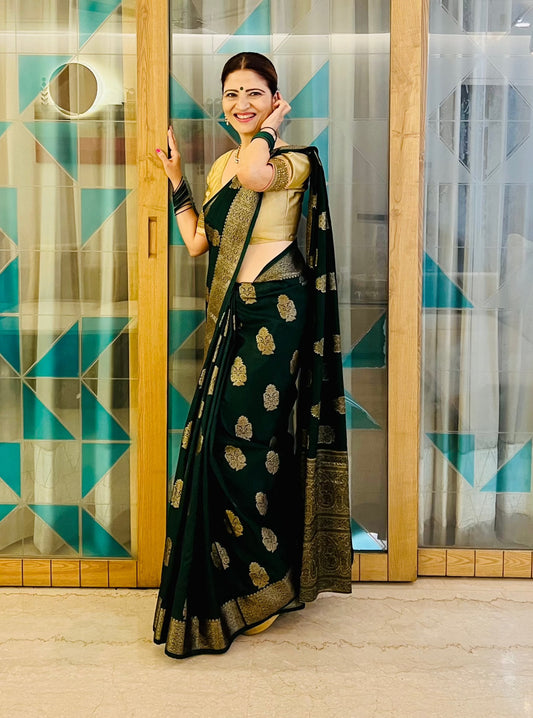 Bottle Green Banaras Crepe Silk- Heena