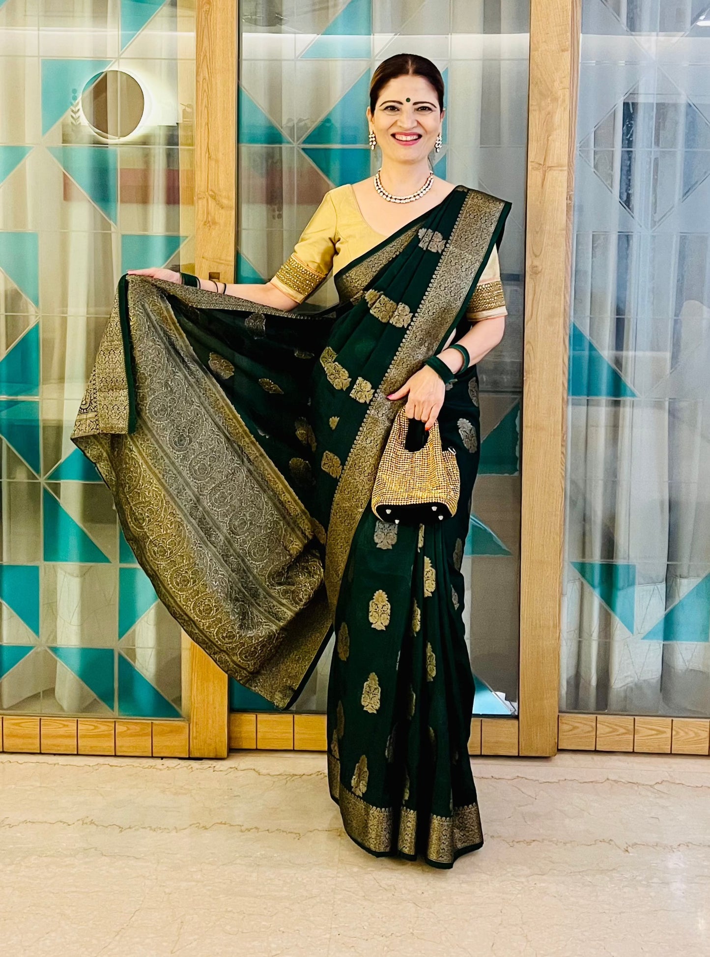 Bottle Green Banaras Crepe Silk- Heena