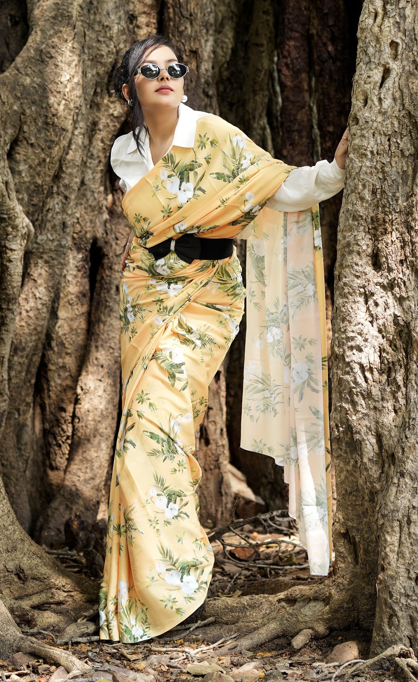 Printed Crepe Saree - Yellow