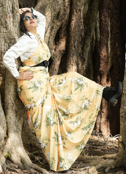 Printed Crepe Saree - Yellow