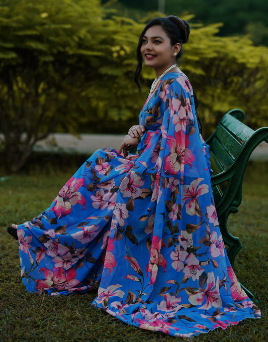 Flower Printed pure Georgette Saree - Blue