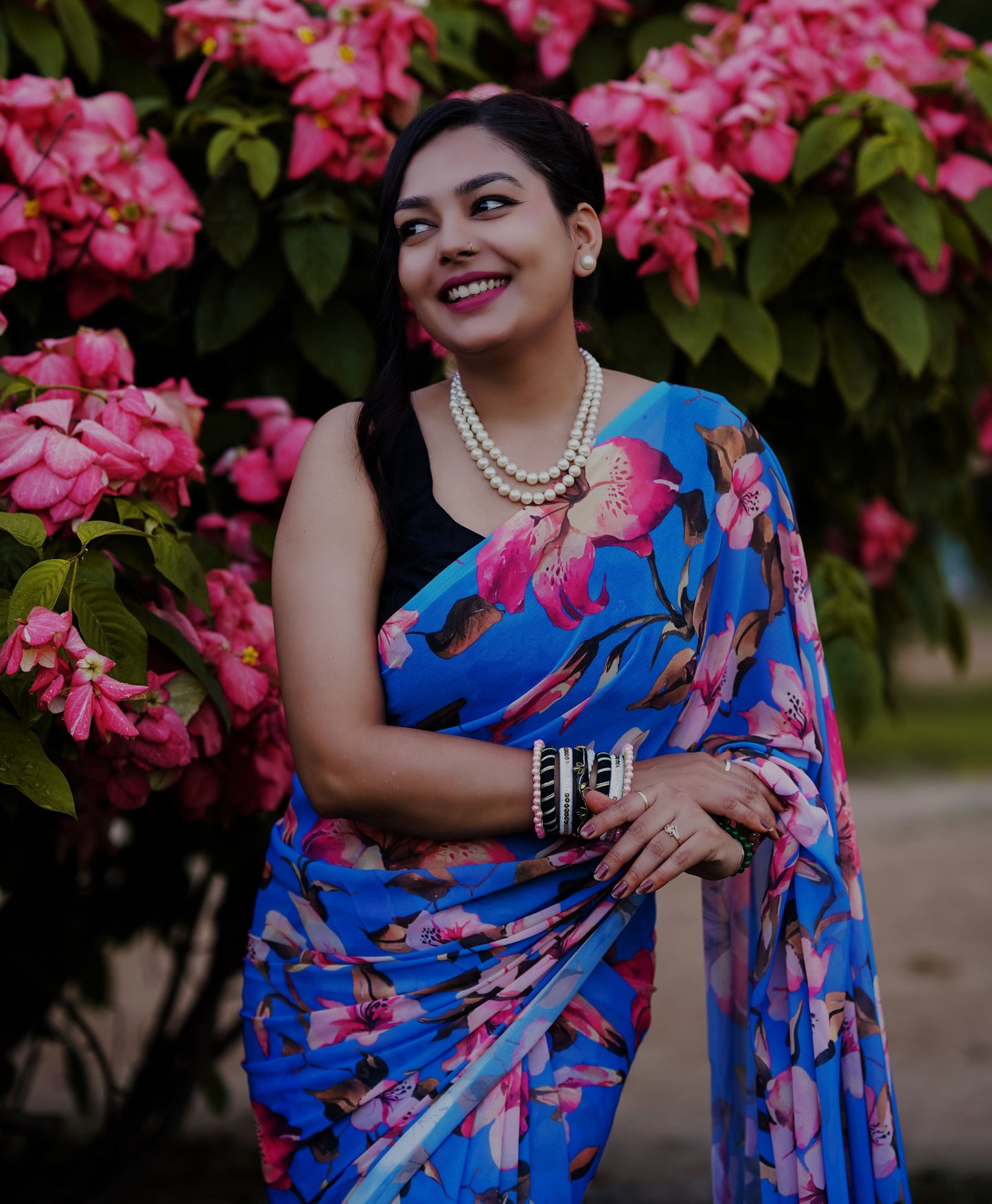 Flower Printed pure Georgette Saree - Blue