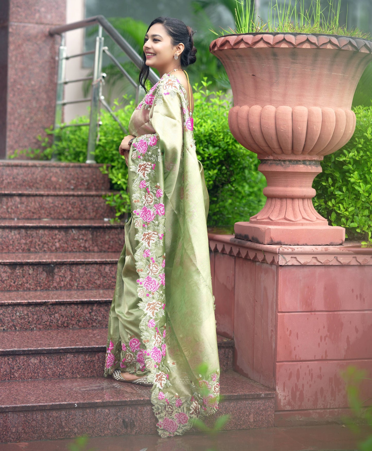 Embroidered cutwork tissue silk saree - Green