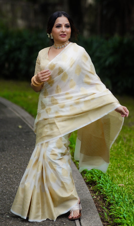 White Butta Banaras Crepe silk - AbirabyBeena
