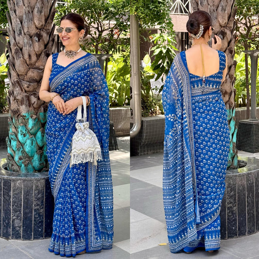 Kareena Ajrakh Georgette Printed Mirror Work Saree– Royal Blue - AbirabyBeena
