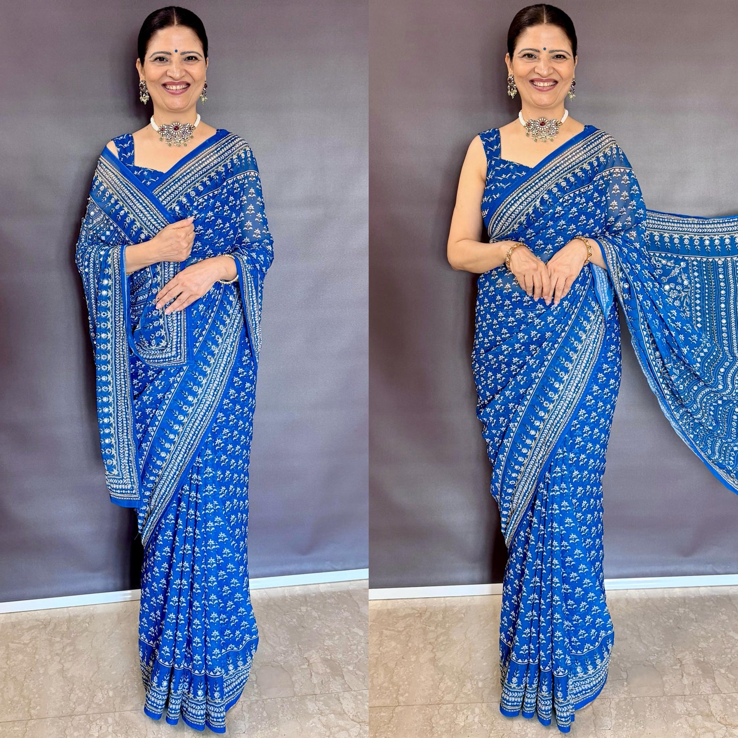 Kareena Printed Georgette Saree – Royal Blue