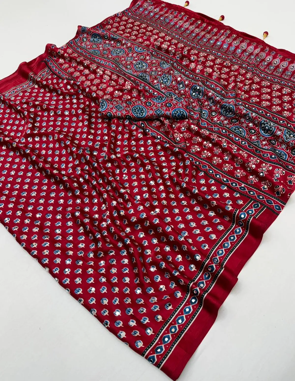Red Ajrakh Print Saree with Real Mirror Work