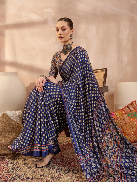 Navy Blue Ajrakh Print Saree with Real Mirror Work