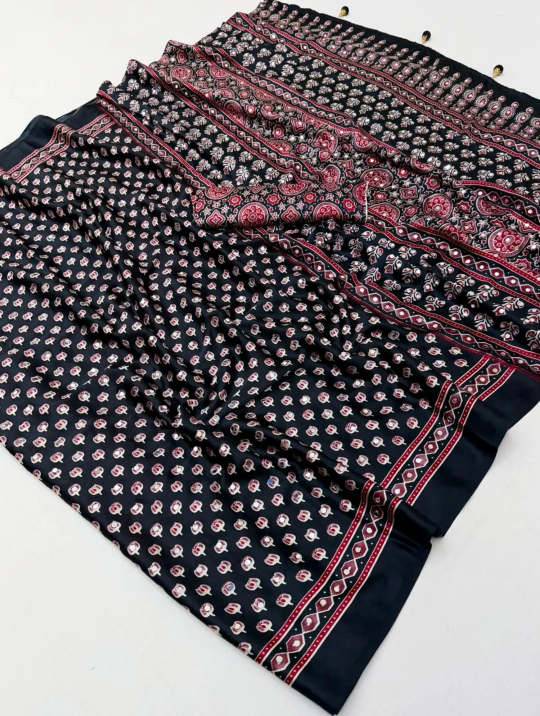 Black Ajrakh Print Saree with Real Mirror Work
