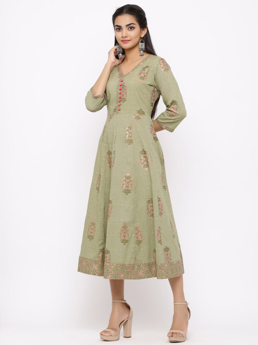Green Printed Pure Cotton Gotta Patti Anarkali Kurta - AbirabyBeena