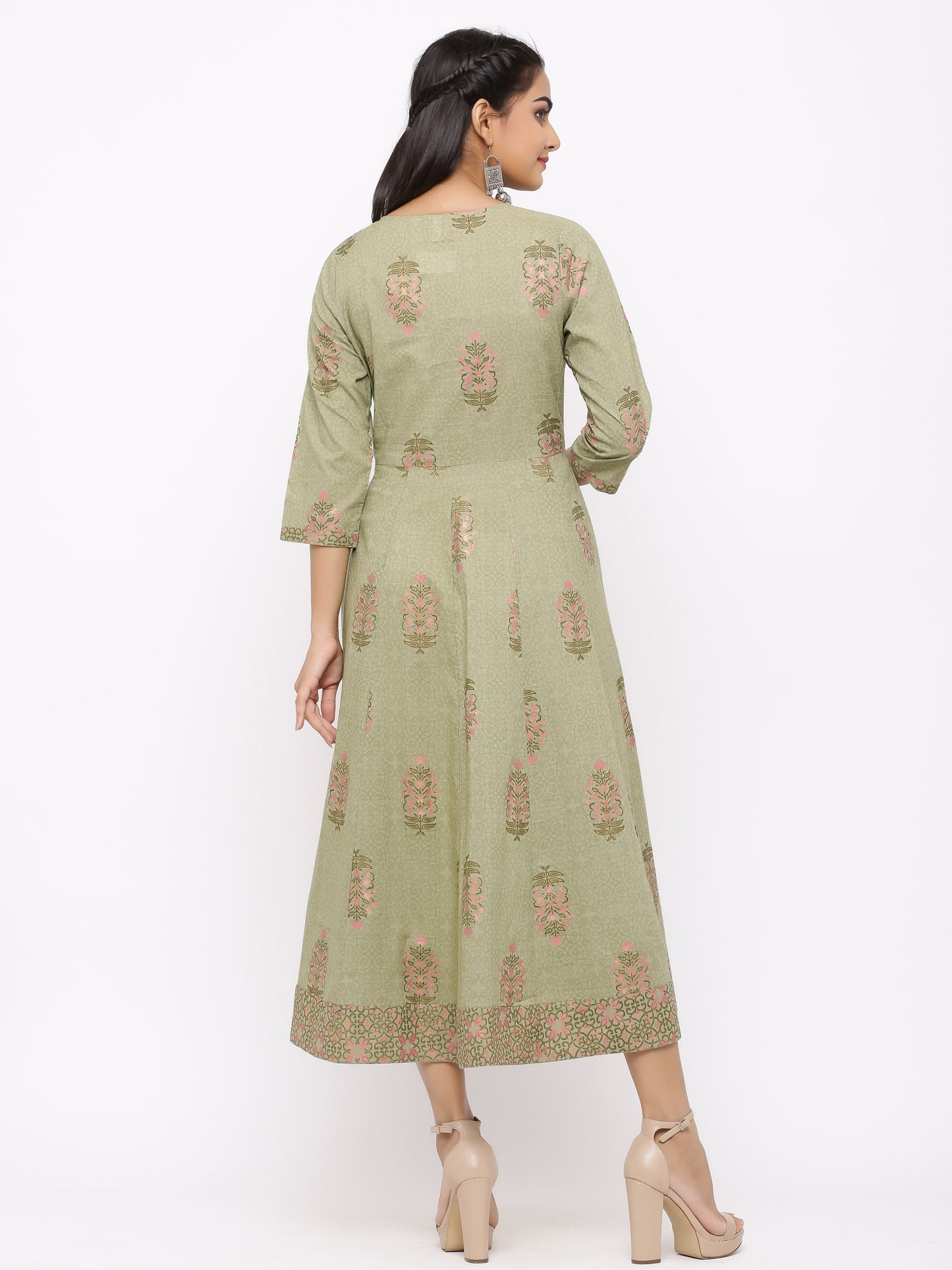 Green Printed Pure Cotton Gotta Patti Anarkali Kurta - AbirabyBeena