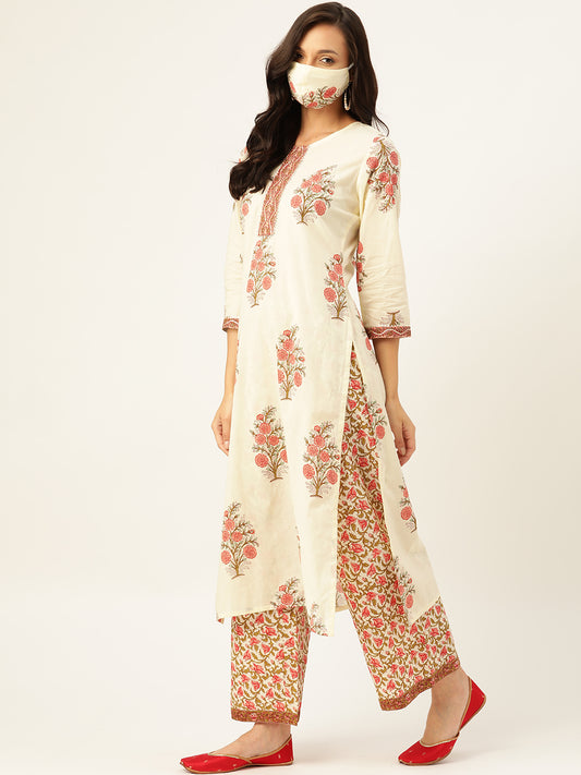 Off White Floral Printed Kurta With Dupatta & Trouser - AbirabyBeena