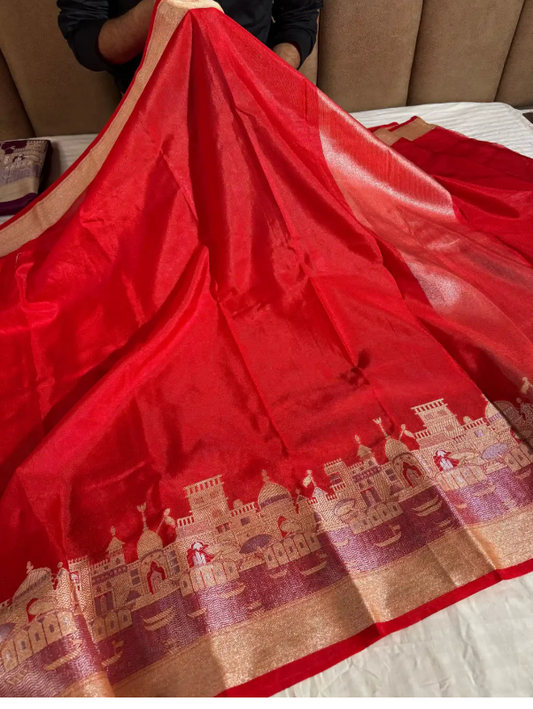 Red Ghat Border Banaras warm silk