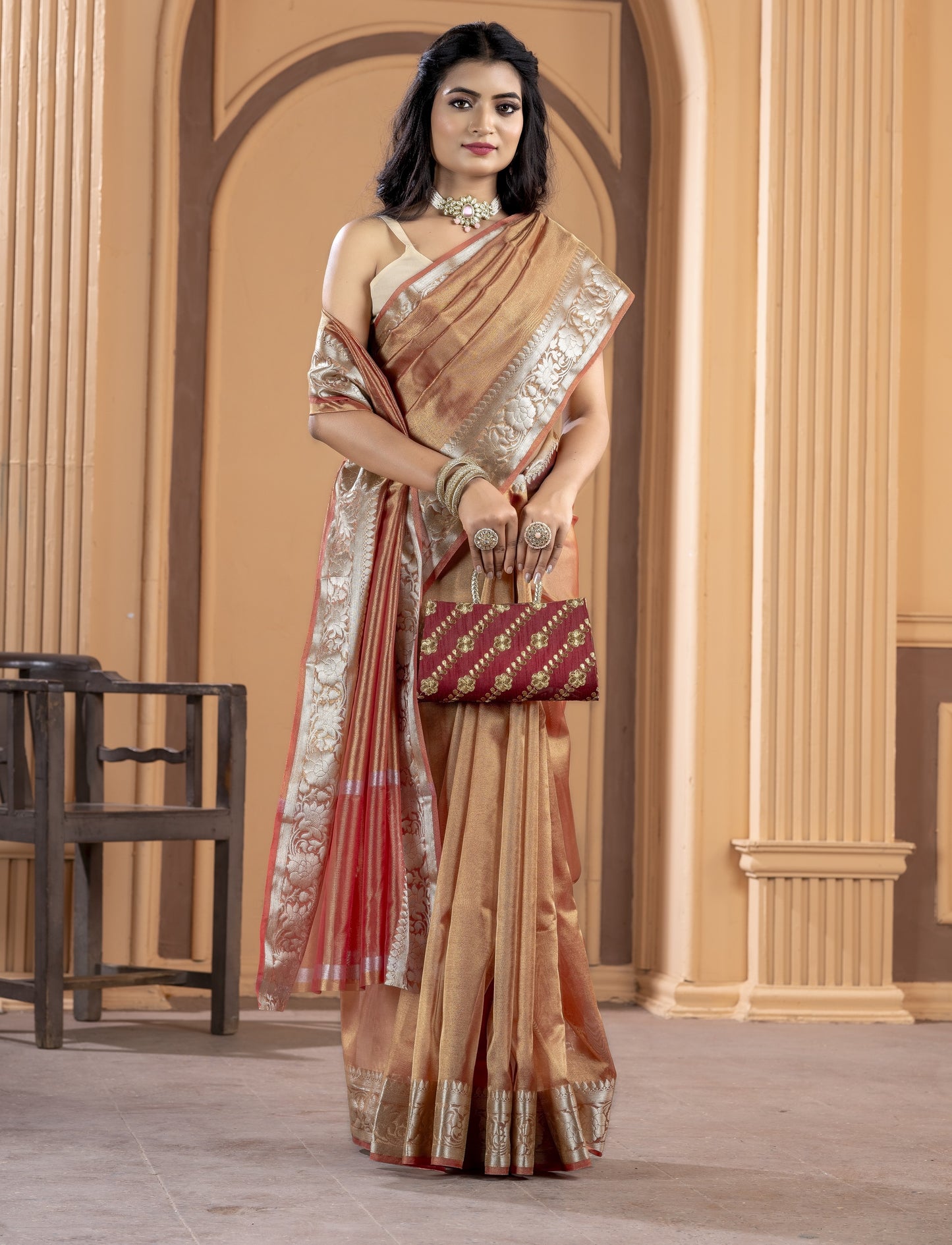Malaika Arora TISSUE silk Saree - Coper