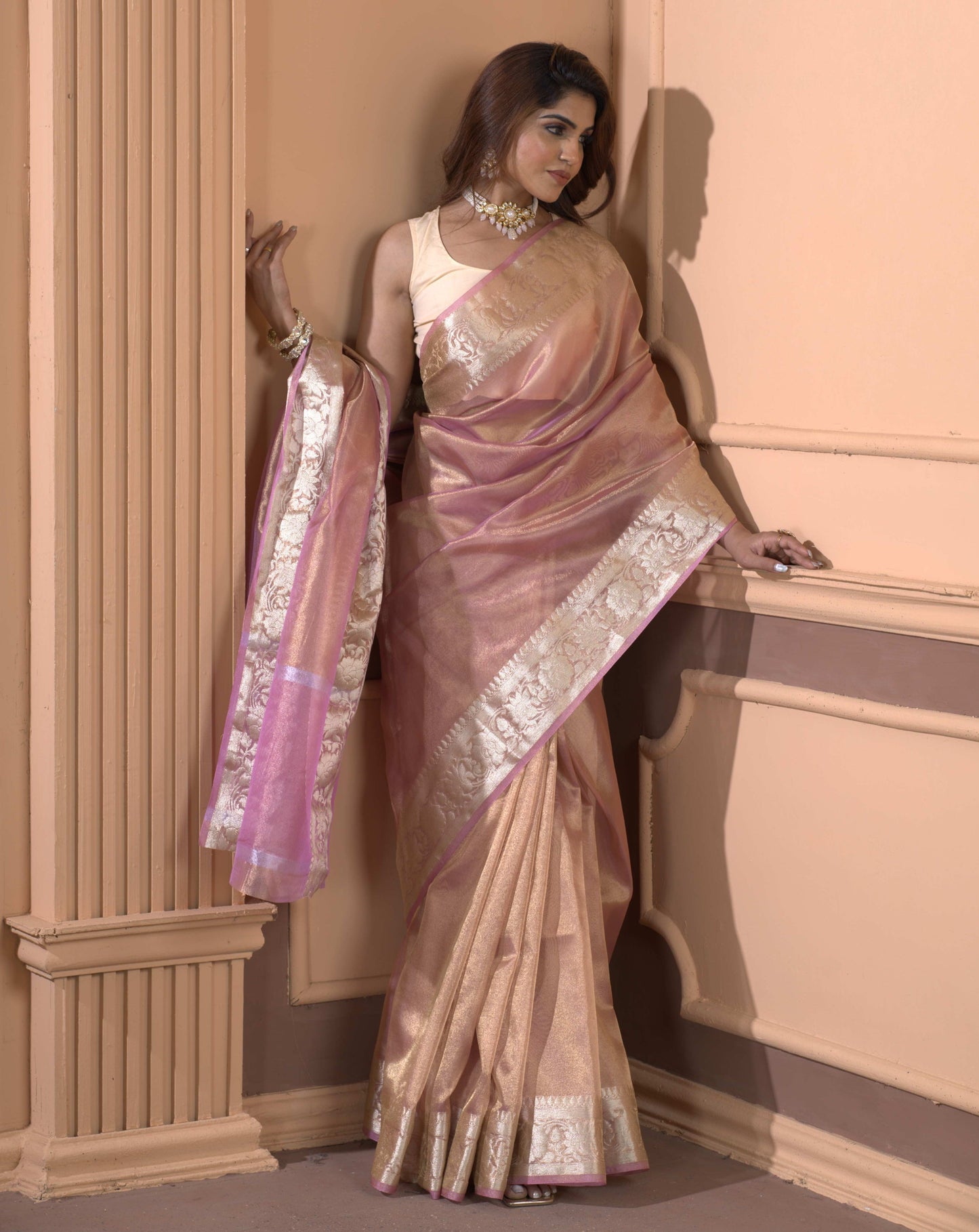 Malaika Arora TISSUE silk Saree - Peach