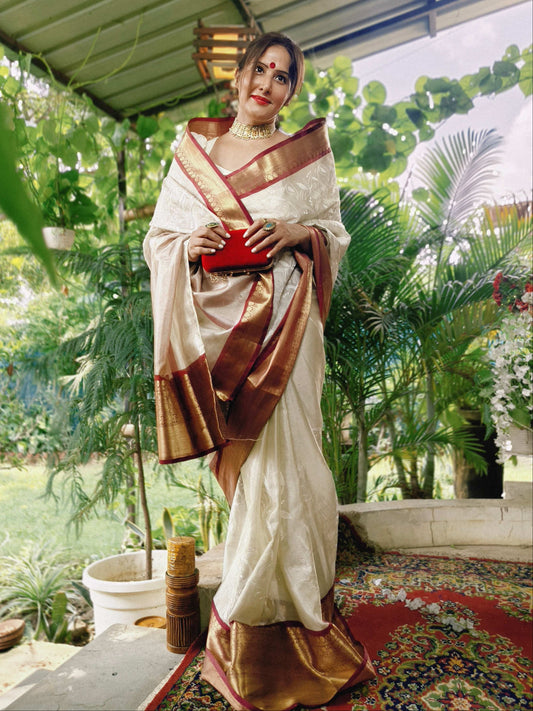 Ivory Bloom Tissue Embroidery Saree – Off White