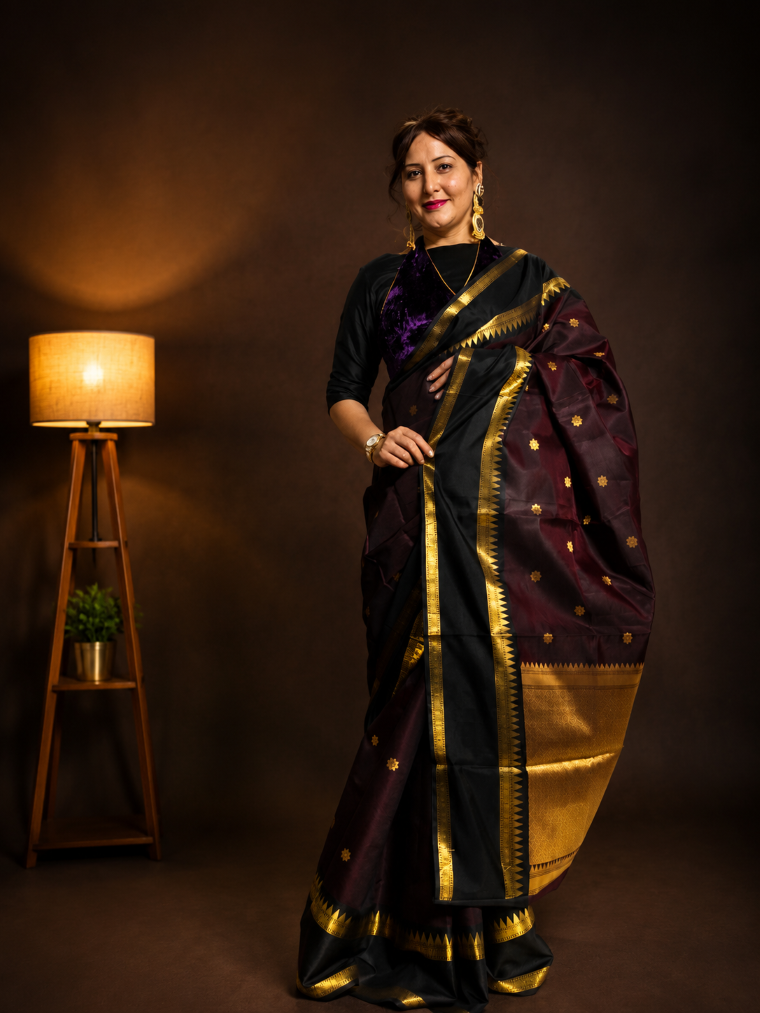Regal Soft Silk Saree – Deep Wine & Black
