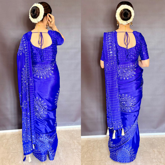 Royal Blue Mirror Work Art Silk Printed Saree