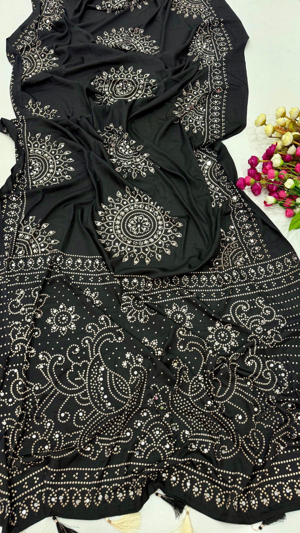 Black Mirror Work Art Silk Printed Saree