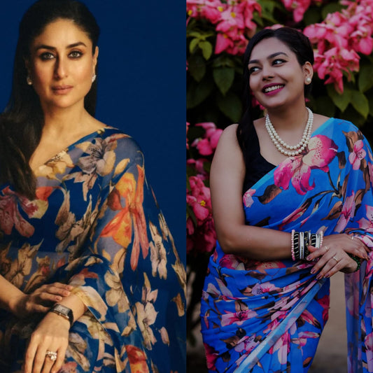 Flower Printed pure Georgette Saree - Blue