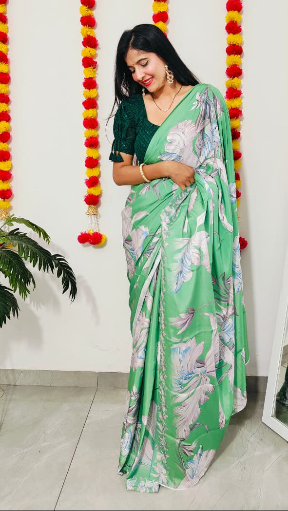 Printed Crepe Saree - Green
